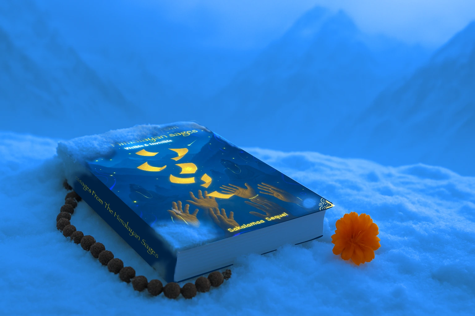 Book in snow with marigold