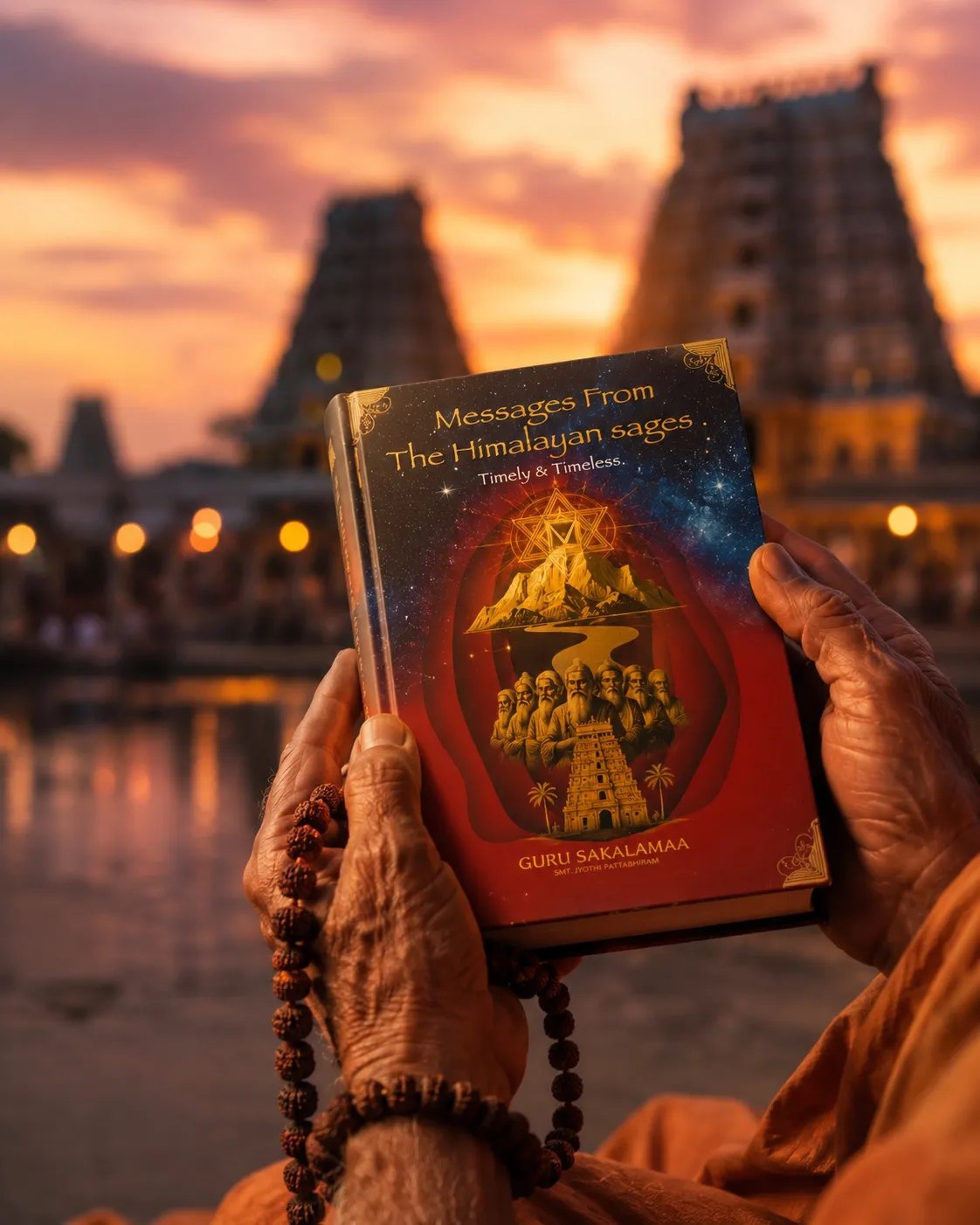 The book held in hand at a South Indian temple at sunset