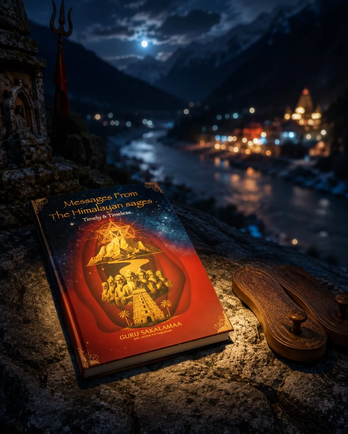 The book on a riverside rock beneath the night sky